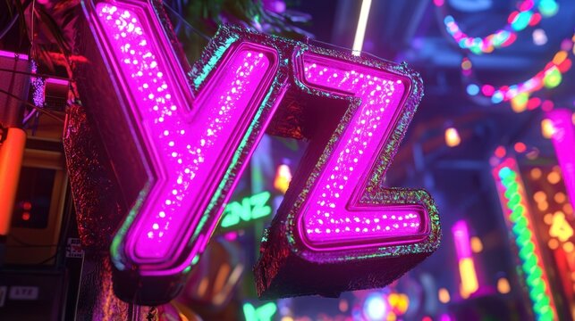 Glowing pink and green YZ letters in a neon-lit city.