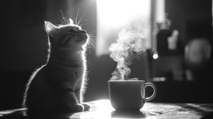 Kitten and steaming coffee