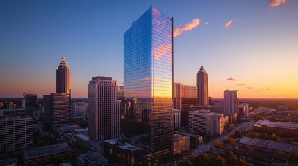 Sunset cityscape, modern skyscrapers, city skyline.