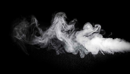 A swirl of white smoke drifts against a deep black background, creating an abstract and atmospheric effect