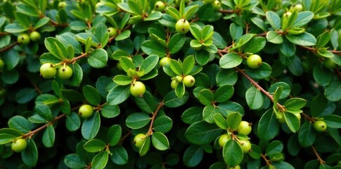 Privet bush covered in a thick layer of unripe green berries and lush leaves, foliage, hedge