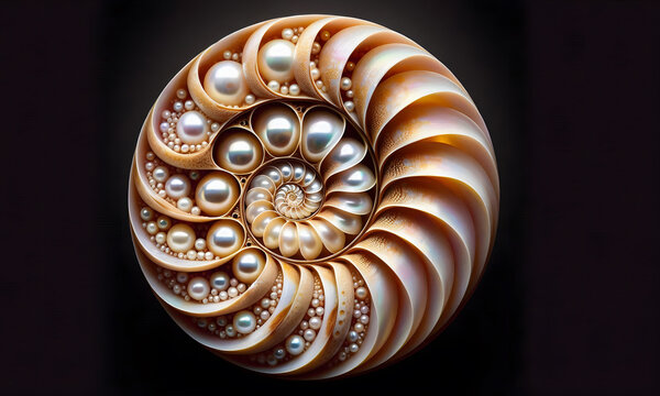 Nautilusschale mit Perlen in den einzelnen Kammern, abstrakt, Muschel, close-up