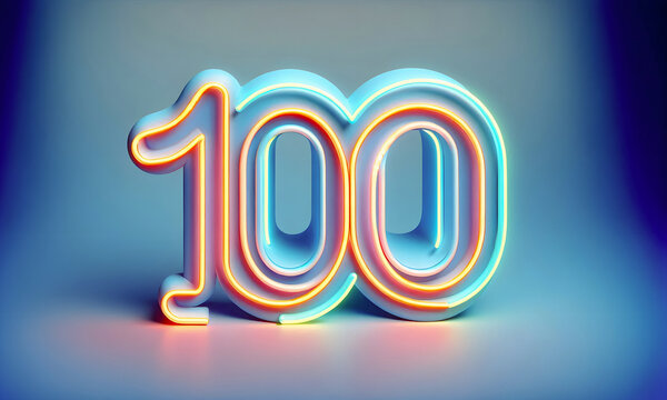 Die Zahl 100 in blau-rosa Neonschrift auf blauem Hintergrund, copy space