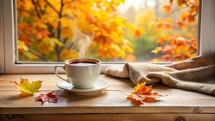 autumn coffee on windowsill, cup of joe, still life,  cup of joe, still life, warm tones