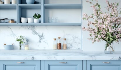 Modern Kitchen Design with Blue Cabinets and Marble Countertops and Flowers