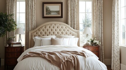 This inviting bedroom showcases beautifully tailored Alpine oat curtains framing large windows that allow natural light to fill the space. The tasteful decor exudes calmness, perfect for relaxation