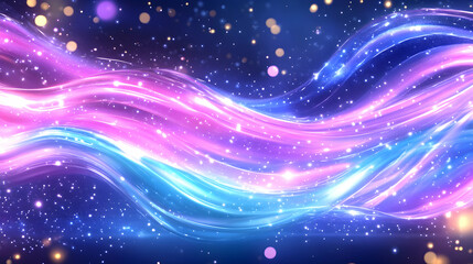 Abstract pink, blue, and white glowing waves with shining particles on a dark background