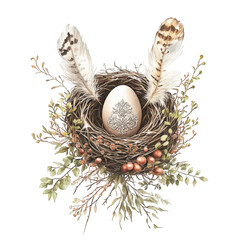 Fototapeta premium A digital illustration of a rustic bird's nest with a single ornate egg, surrounded by elegant natural decorations like soft feathers and subtle botanical elements, visually appealing and well-crafted