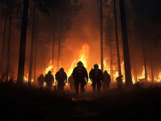 Fototapeta premium Courageous firefighters combat raging wildfire amidst towering trees and fierce flames in a dramatic night setting. Generative AI