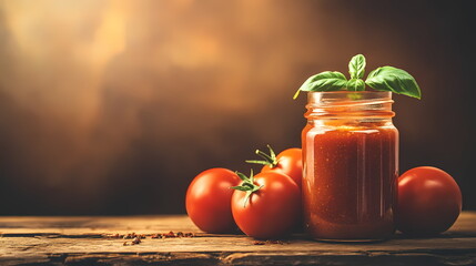 Fresh homemade tomato sauce with basil in a rustic setting