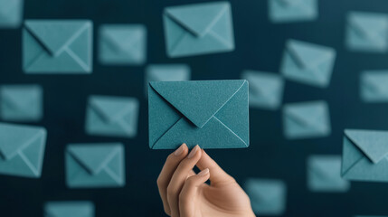 A hand holding a teal envelope with blurred envelopes in the background.