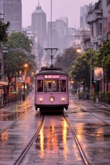 Naklejka premium Pink vintage streetcar on rain slicked tracks in a city setting. Soft lighting, urban background.