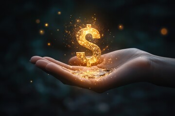 A radiant golden dollar sign gleams at the center, encircled by an ethereal glow against a shadowy backdrop