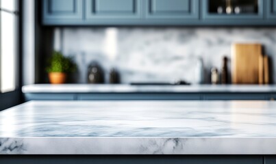 Marble Countertop in Modern Kitchen Interior with Blurred Background