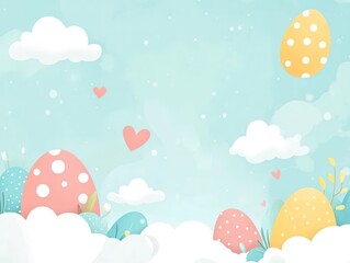 Obraz premium Easter themed illustration with eggs clouds hearts and light blue background