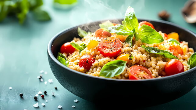 Steaming hot fregola pasta salad with cherry tomatoes and basil