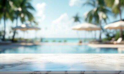 Marble Surface with Tropical Swimming Pool Background for Summer Vacation