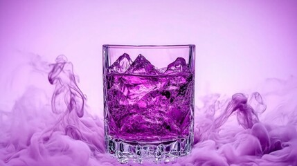 Purple liquid in rocks glass with ice, surrounded by purple smoke or ink. Close up view, studio lighting.