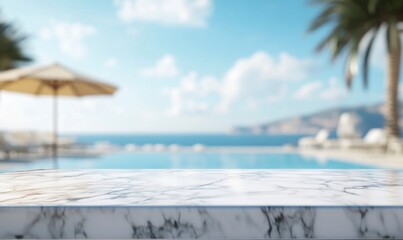 Obraz premium Marble Countertop by Pool with Beach Umbrella and Palm Tree