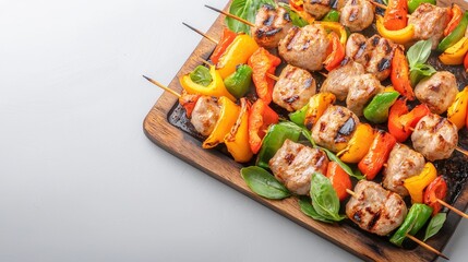 Wooden cutting board displaying flame-grilled kebabs surrounded by fresh meat and colorful vegetables