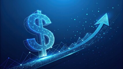 Financial Ascent: A gleaming dollar sign, ascending skyward along a rising arrow graph, illustrates concepts of growth, financial success, and investment returns against a cool blue digital backdrop.