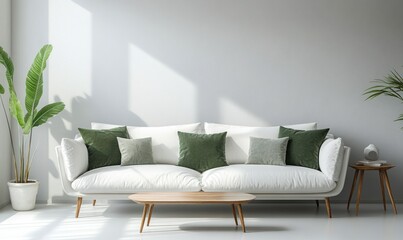 Living Room Interior with White Sofa, Green Pillows and Plants