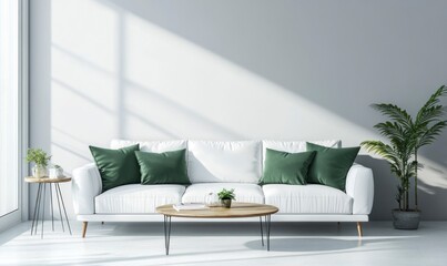 Modern White Sofa and Green Pillows in Bright Airy Living Room