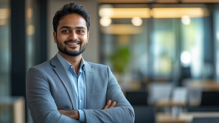 Fototapeta premium Young Indian man stands with his arms crossed in a modern office. Warm lighting and a stylish workspace create a professional atmosphere. It symbolizes success, leadership and ambition.