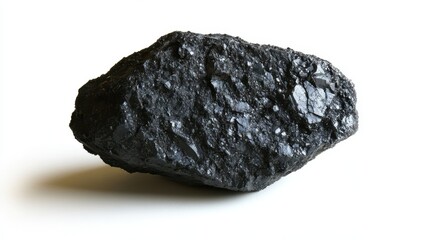 A piece of coal isolated on a white background, showcasing its dark, rugged texture and natural form.