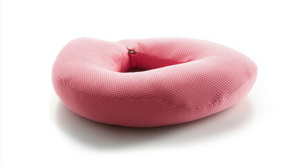 Fototapeta premium The soft pink neck pillow is displayed against a white background, perfect for relaxation.