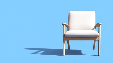 Fototapeta premium A minimalist white armchair with light wooden legs sits against a light blue background, casting a shadow.