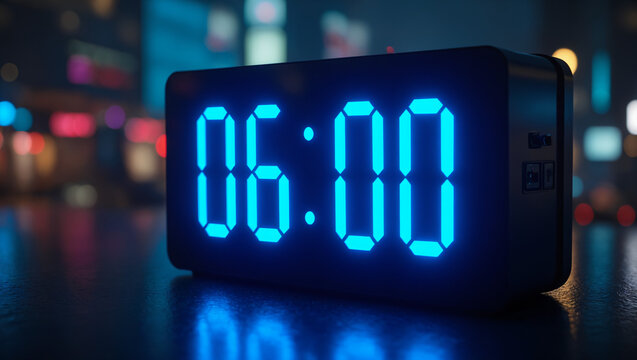 Blue digital clock set to 06:00 glows in futuristic city, unveiling fresh start, start motivating early tasks, start defining new day potential for driven lifestyles worldwide, bridging possibility - Powered by Adobe