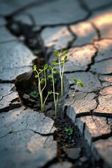 Several thin small green sprouts pushing toward the light through cracked earth, symbolizing the resilience of tiny plants and their will to live