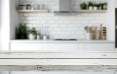 White Wooden Table in Bright Kitchen Background for Food Presentation