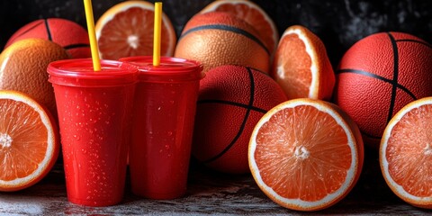 Two red cups of smoothie sit among halved oranges and textured basketballs. Dark background, vibrant colors.