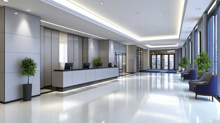 Fototapeta premium A modern office space featuring a spacious reception area with serene grey limestone flooring