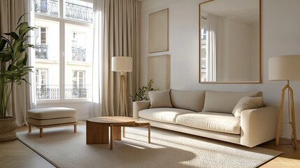 A simple yet modern living room, bathed in natural light, featuring a beige sofa, carpet, and delicate decor elements