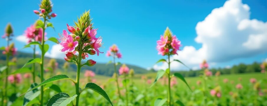 Hemp dogbane in full bloom against a clear blue sky, apocynum, summer