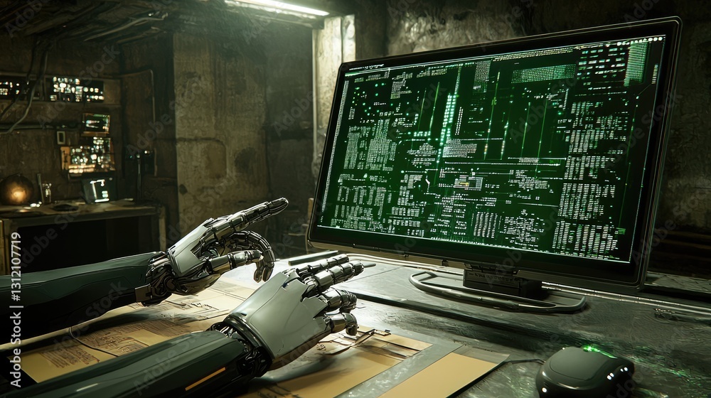 Poster a sleek ai robotic hand manipulating a virtual display of data streams and cyber intelligence