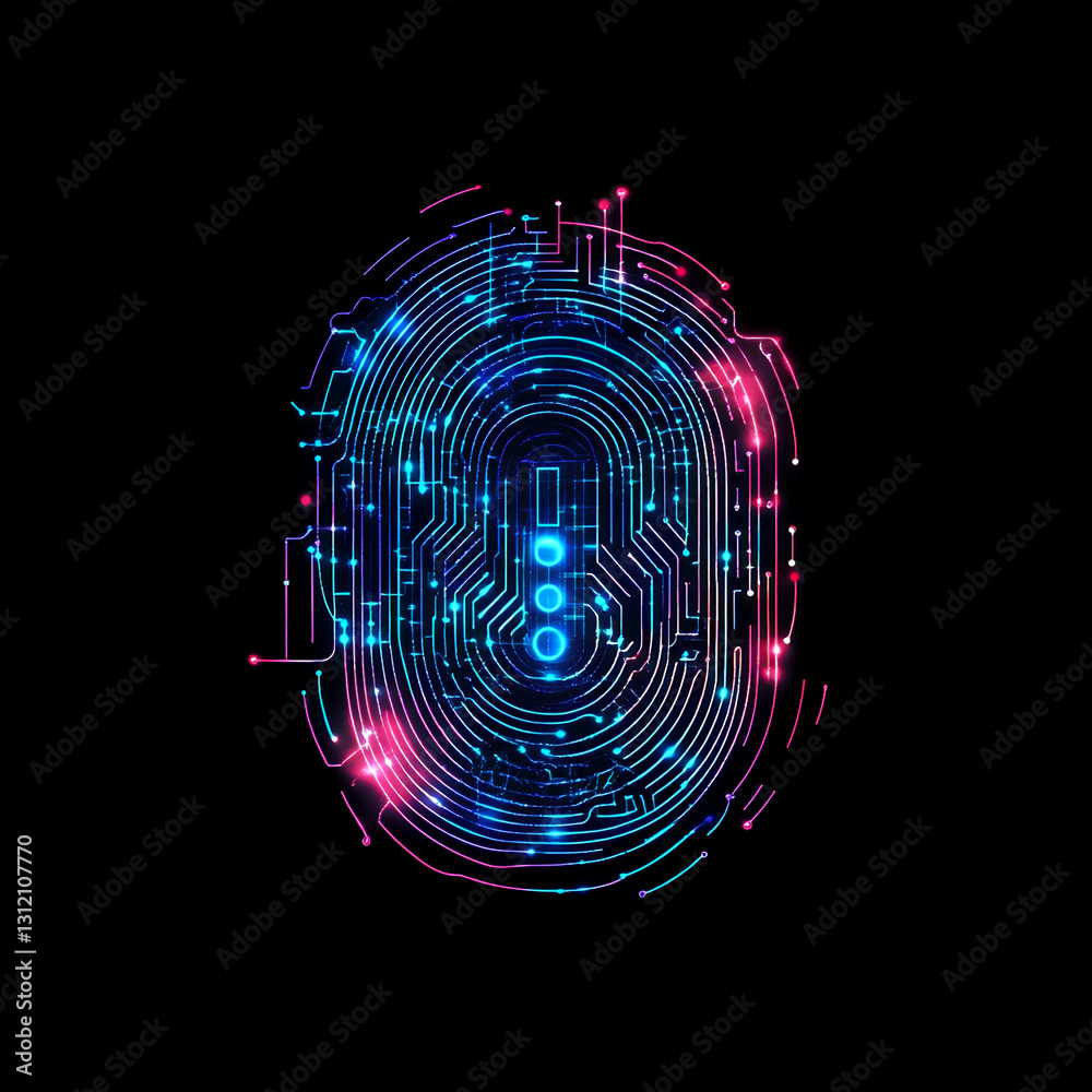 Poster Futuristic glowing digital fingerprint biometric identification technology background  Abstract neon circuit board pattern with cyberpunk style digital fingerprint symbol  Concept of AI