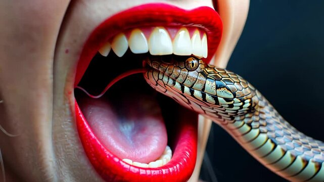 A woman with a dangerous and poisonous snake in her mouth 4K