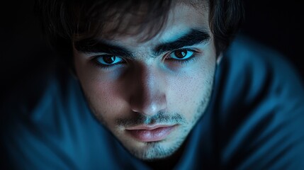 Fototapeta premium Close-up portrait of a young man with intense gaze.