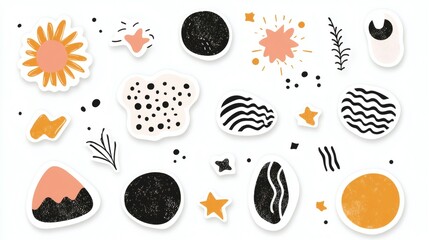 Colorful abstract shapes and designs featuring flowers, stars, and organic patterns on a light background