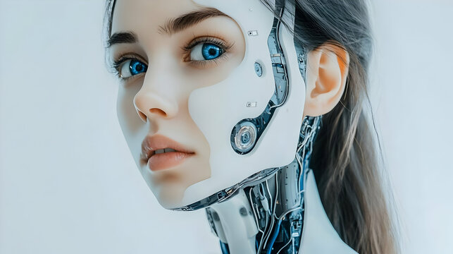 Closeup Portrait of a Female Cyborg with Blue Eyes Against a White Background