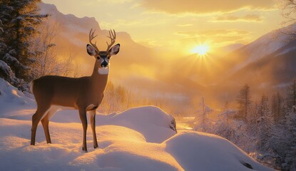 Deer in Snowy Landscape: A majestic deer stands regally amidst a snow-covered landscape, basking in the warm glow of the setting sun, creating a serene winter scene.