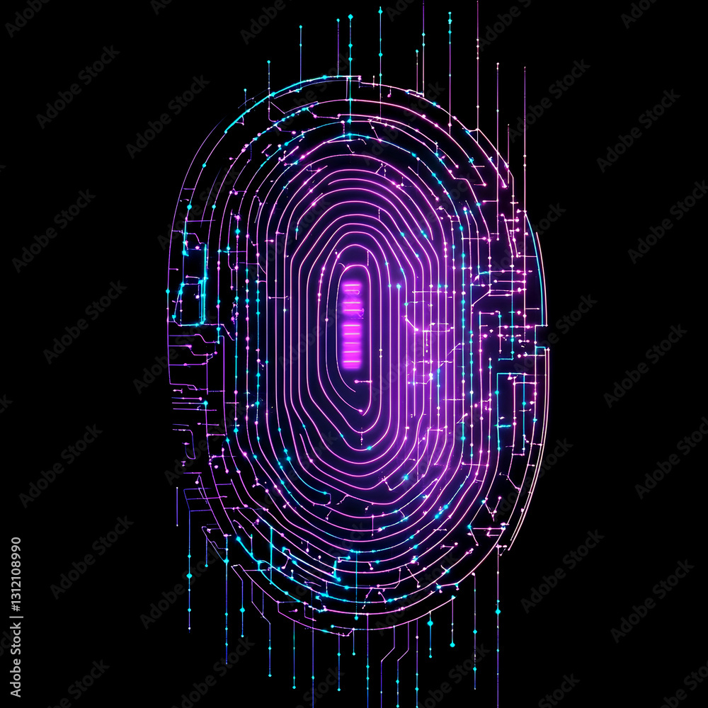 Poster Futuristic neon cyberpunk style fingerprint technology background  Abstract digital data scan biometric identification system and access control concept