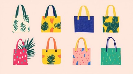 Minimalistic fashionable tote bags with vibrant patterns and botanical designs