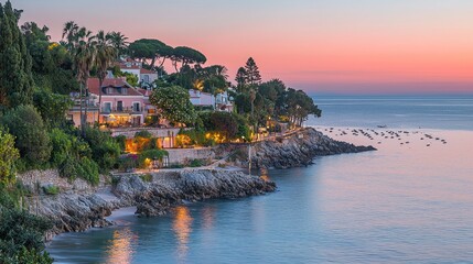 Coastal town sunset, illuminated houses, calm sea, boats