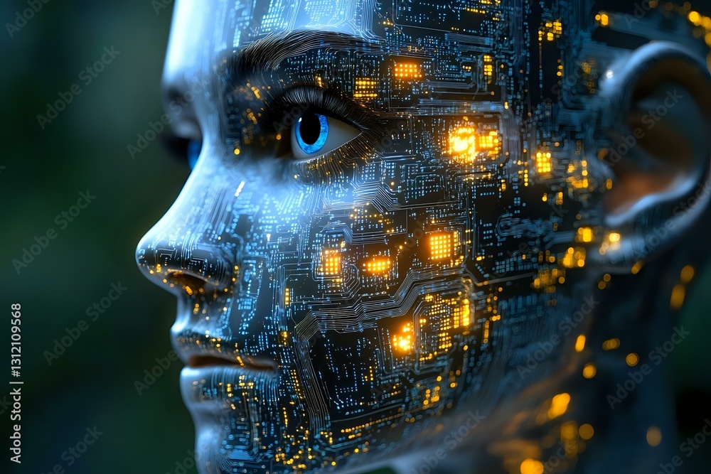 Poster futuristic face with glowing circuit patterns and digital transformation effects merging human and t
