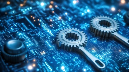 Metallic gears on a glowing blue circuit board with lights